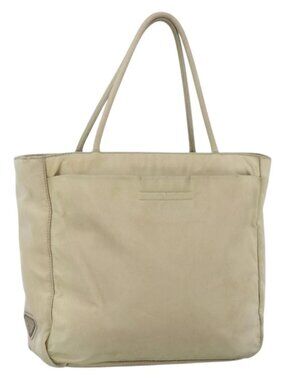 PRADA Hand Bag Nylon Beige Silver Auth YKZ988